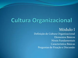 Módulo I
Definição de Cultura Organizacional
Elementos Básicos
Níveis Fundamentais
Característica Básicas
Perguntas de Fixação e Discussão
 