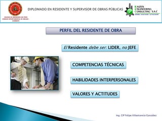 COLEGIO DE INGENIEROS DEL PERÚ
CONSEJO DEPARTAMENTAL DE ANCASH -
            CHIMBOTE




                                    PERFIL DEL RESIDENTE DE OBRA



                                     El Residente debe ser: LIDER, no JEFE



                                         COMPETENCIAS TÉCNICAS


                                         HABILIDADES INTERPERSONALES


                                         VALORES Y ACTITUDES




                                                               Ing. CIP Felipe Villavicencio González
 