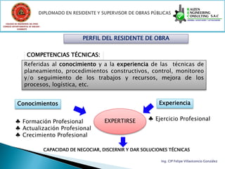 COLEGIO DE INGENIEROS DEL PERÚ
CONSEJO DEPARTAMENTAL DE ANCASH -
            CHIMBOTE



                                                   PERFIL DEL RESIDENTE DE OBRA

                    COMPETENCIAS TÉCNICAS:
                  Referidas al conocimiento y a la experiencia de las técnicas de
                  planeamiento, procedimientos constructivos, control, monitoreo
                  y/o seguimiento de los trabajos y recursos, mejora de los
                  procesos, logística, etc.


            Conocimientos                                                        Experiencia


          ♣ Formación Profesional                           EXPERTIRSE       ♣ Ejercicio Profesional
          ♣ Actualización Profesional
          ♣ Crecimiento Profesional

                                    CAPACIDAD DE NEGOCIAR, DISCERNIR Y DAR SOLUCIONES TÉCNICAS

                                                                                  Ing. CIP Felipe Villavicencio González
 