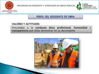 COLEGIO DE INGENIEROS DEL PERÚ
CONSEJO DEPARTAMENTAL DE ANCASH -
            CHIMBOTE



                                     PERFIL DEL RESIDENTE DE OBRA

                    VALORES Y ACTITUDES:
                    Vinculadas a la conducta ética profesional, honestidad y
                    transparencia que debe demostrar en su desempeño
 