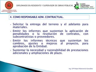 COLEGIO DE INGENIEROS DEL PERÚ
CONSEJO DEPARTAMENTAL DE ANCASH -
            CHIMBOTE




                 4. COMO RESPONSABLE ADM. CONTRACTUAL.


                 • Solicitar la entrega del terreno y el adelanto para
                   materiales.
                 • Emitir los informes que sustentan la aplicación de
                   penalidades o la resolución de contratos, con
                   subcontratistas o proveedores.
                 • Emitir los informes técnicos que sustentan los
                   cambios, ajustes o mejoras al proyecto, para
                   aprobación de la Entidad.
                 • Sustentar la necesidad y razonabilidad de prestaciones
                   adicionales y ampliaciones de plazo.




                                                           Ing. CIP Felipe Villavicencio González
 