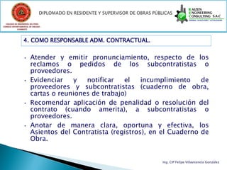 COLEGIO DE INGENIEROS DEL PERÚ
CONSEJO DEPARTAMENTAL DE ANCASH -
            CHIMBOTE




                 4. COMO RESPONSABLE ADM. CONTRACTUAL.


                 • Atender y emitir pronunciamiento, respecto de los
                   reclamos o pedidos de los subcontratistas o
                   proveedores.
                 • Evidenciar   y   notificar   el    incumplimiento    de
                   proveedores y subcontratistas (cuaderno de obra,
                   cartas o reuniones de trabajo)
                 • Recomendar aplicación de penalidad o resolución del
                   contrato (cuando amerita), a subcontratistas o
                   proveedores.
                 • Anotar de manera clara, oportuna y efectiva, los
                   Asientos del Contratista (registros), en el Cuaderno de
                   Obra.


                                                           Ing. CIP Felipe Villavicencio González
 