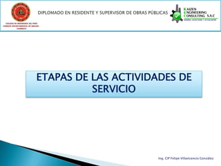 COLEGIO DE INGENIEROS DEL PERÚ
CONSEJO DEPARTAMENTAL DE ANCASH -
            CHIMBOTE




                             ETAPAS DE LAS ACTIVIDADES DE
                                       SERVICIO




                                                   Ing. CIP Felipe Villavicencio González
 