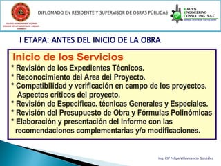 COLEGIO DE INGENIEROS DEL PERÚ
CONSEJO DEPARTAMENTAL DE ANCASH -
            CHIMBOTE




              I ETAPA: ANTES DEL INICIO DE LA OBRA




                                                 Ing. CIP Felipe Villavicencio González
 