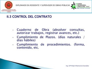 COLEGIO DE INGENIEROS DEL PERÚ
CONSEJO DEPARTAMENTAL DE ANCASH -
            CHIMBOTE




           II.3 CONTROL DEL CONTRATO



                       •            Cuaderno de Obra (absolver consultas,
                                    autorizar trabajos, registrar avances, etc.)
                       •            Cumplimiento de Plazos. (días naturales /
                                    días hábiles)
                       •            Cumplimiento de procedimientos. (forma,
                                    contenido, etc.




                                                                   Ing. CIP Felipe Villavicencio González
 