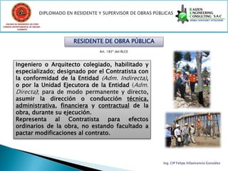 COLEGIO DE INGENIEROS DEL PERÚ
CONSEJO DEPARTAMENTAL DE ANCASH -
            CHIMBOTE




                                    RESIDENTE DE OBRA PÚBLICA
                                            Art. 185º del RLCE



          Ingeniero o Arquitecto colegiado, habilitado y
          especializado; designado por el Contratista con
          la conformidad de la Entidad (Adm. Indirecta),
          o por la Unidad Ejecutora de la Entidad (Adm.
          Directa); para de modo permanente y directo,
          asumir la dirección o conducción técnica,
          administrativa, financiera y contractual de la
          obra, durante su ejecución.
          Representa    al   Contratista   para   efectos
          ordinarios de la obra, no estando facultado a
          pactar modificaciones al contrato.




                                                                 Ing. CIP Felipe Villavicencio González
 