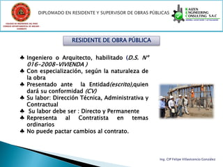 COLEGIO DE INGENIEROS DEL PERÚ
CONSEJO DEPARTAMENTAL DE ANCASH -
            CHIMBOTE




                                    RESIDENTE DE OBRA PÚBLICA


              ♣ Ingeniero o Arquitecto, habilitado (D.S. Nº
                    016-2008-VIVIENDA )
              ♣ Con especialización, según la naturaleza de
                la obra
              ♣ Presentado ante la Entidad(escrito),quien
                dará su conformidad (CV)
              ♣ Su labor: Dirección Técnica, Administrativa y
                Contractual
              ♣ Su labor debe ser : Directo y Permanente
              ♣ Representa    al   Contratista   en   temas
                ordinarios
              ♣ No puede pactar cambios al contrato.



                                                                Ing. CIP Felipe Villavicencio González
 