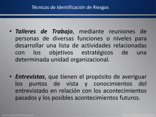 Técnicas de Identificación de Riesgos
• Talleres de Trabajo, mediante reuniones de
personas de diversas funciones o niveles para
desarrollar una lista de actividades relacionadas
con los objetivos estratégicos de una
determinada unidad organizacional.
• Entrevistas, que tienen el propósito de averiguar
los puntos de vista y conocimientos del
entrevistado en relación con los acontecimientos
pasados y los posibles acontecimientos futuros.
 