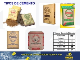 TIPOS DE CEMENTO
UNIDAD DE CAPACITACION TECNICA GIDUNIDAD DE CAPACITACION TECNICA GID
 