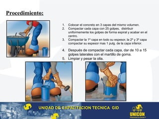 Procedimiento:
1. Colocar el concreto en 3 capas del mismo volumen.
2. Compactar cada capa con 25 golpes, distribuir
uniformemente los golpes de forma espiral y acabar en el
centro.
3. Compactar la 1º capa en todo su espesor, la 2º y 3º capa
compactar su espesor mas 1 pulg. de la capa inferior.
UNIDAD DE CAPACITACION TECNICA GIDUNIDAD DE CAPACITACION TECNICA GID
4. Después de compactar cada capa, dar de 10 a 15
golpes laterales con el martillo de goma.
5. Limpiar y pesar la olla.
 