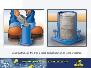 1. Llenar las Probetas 4” x 8” en 2 capas de igual volumen, en forma simultanea.
UNIDAD DE CAPACITACION TECNICA GIDUNIDAD DE CAPACITACION TECNICA GID
 