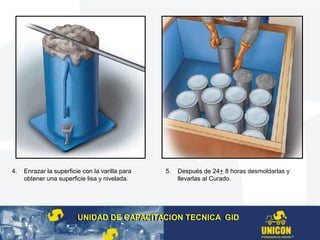 4. Enrazar la superficie con la varilla para
obtener una superficie lisa y nivelada.
5. Después de 24+ 8 horas desmoldarlas y
llevarlas al Curado.
UNIDAD DE CAPACITACION TECNICA GIDUNIDAD DE CAPACITACION TECNICA GID
 