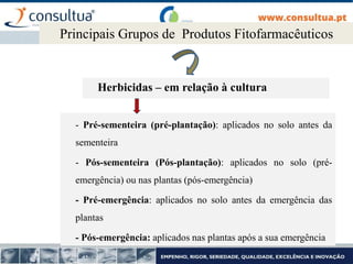 Herbicidas – em relação à cultura
- Pré-sementeira (pré-plantação): aplicados no solo antes da
sementeira
- Pós-sementeira (Pós-plantação): aplicados no solo (pré-
emergência) ou nas plantas (pós-emergência)
- Pré-emergência: aplicados no solo antes da emergência das
plantas
- Pós-emergência: aplicados nas plantas após a sua emergência
Principais Grupos de Produtos Fitofarmacêuticos
 