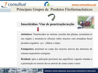 Insecticidas: Vias de penetração/acção
Principais Grupos de Produtos Fitofarmacêuticos
sistémicos: Translocados no sistema vascular das plantas, acumulam-se
nos órgãos e mostram-se eficazes sobre insectos com armadura bucal
picadora sugadora –p.e. afídeos e tripes
Fumigantes: penetram no corpo dos insectos através das aberturas do
sistema respiratório (estigma)
Residual: após a aplicação persistem nas superfícies vegetais tratadas e
a penetração no insecto faz-se através de zonas como o tarso
 