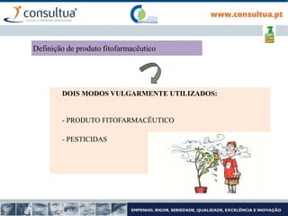 DOIS MODOS VULGARMENTE UTILIZADOS:
- PRODUTO FITOFARMACÊUTICO
- PESTICIDAS
Definição de produto fitofarmacêutico
 