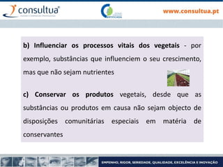 b) Influenciar os processos vitais dos vegetais - por
exemplo, substâncias que influenciem o seu crescimento,
mas que não sejam nutrientes
c) Conservar os produtos vegetais, desde que as
substâncias ou produtos em causa não sejam objecto de
disposições comunitárias especiais em matéria de
conservantes
 