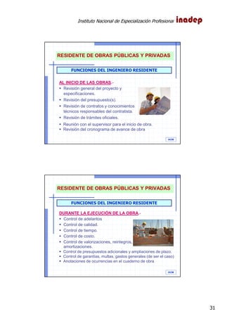 Instituto Nacional de Especialización Profesional
31
IAOM
AL INICIO DE LAS OBRAS.-
Revisión general del proyecto y
especificaciones.
Revisión del presupuesto(s).
Revisión de contratos y conocimientos
técnicos responsables del contratista.
Revisión de trámites oficiales.
Reunión con el supervisor para el inicio de obra.
Revisión del cronograma de avance de obra
RESIDENTE DE OBRAS PÚBLICAS Y PRIVADAS
FUNCIONES DEL INGENIERO RESIDENTE
IAOM
DURANTE LA EJECUCIÓN DE LA OBRA.-
Control de adelantos
Control de calidad.
Control de tiempo.
Control de costo.
Control de valorizaciones, reintegros,
amortizaciones.
Control de presupuestos adicionales y ampliaciones de plazo.
Control de garantías, multas, gastos generales (de ser el caso)
Anotaciones de ocurrencias en el cuaderno de obra
RESIDENTE DE OBRAS PÚBLICAS Y PRIVADAS
FUNCIONES DEL INGENIERO RESIDENTE
 