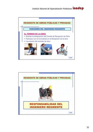 Instituto Nacional de Especialización Profesional
32
IAOM
AL TÉRMINO DE LA OBRA
Solicitar la designación del Comité de Recepción de Obra
Participar con el Contratista en la Recepción de la obra
Liquidación del contrato de obra
RESIDENTE DE OBRAS PÚBLICAS Y PRIVADAS
FUNCIONES DEL INGENIERO RESIDENTE
RESPONSABILIDAD DEL
INGENIERO RESIDENTE
IAOM
RESIDENTE DE OBRAS PÚBLICAS Y PRIVADAS
 