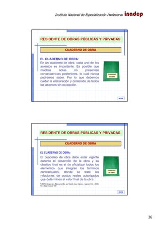 Instituto Nacional de Especialización Profesional
36
IAOM
CUADERNO DE OBRA
EL CUADERNO DE OBRA:
En un cuaderno de obra, cada uno de los
asientos es importante. Es posible que
muchas notas no presenten
consecuencias posteriores, lo cual nunca
podremos saber. Por lo que debemos
cuidar la elaboración y contenido de todos
los asientos sin excepción.
CUADERNO
DE OBRA
RESIDENTE DE OBRAS PÚBLICAS Y PRIVADAS
IAOM
CUADERNO DE OBRA
EL CUADERNO DE OBRA:
El cuaderno de obra debe estar vigente
durante el desarrollo de la obra y su
objetivo final es el de oficializar todos los
elementos que integran los términos
contractuales, donde se trate las
relaciones de costos reales autorizados
que determinen el valor final de la obra.
FUENTE: Manejo de la Bitácora de Obra, por Roberto Avena Cabrera – Ingeniero Civil – UNAM,
Penn State University 1984
CUADERNO
DE OBRA
RESIDENTE DE OBRAS PÚBLICAS Y PRIVADAS
 