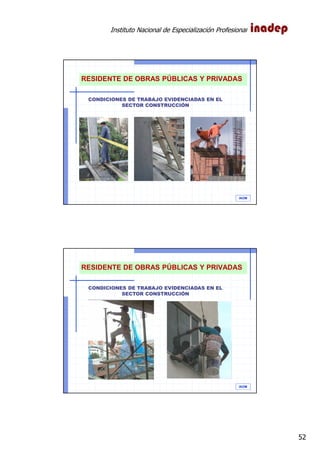 Instituto Nacional de Especialización Profesional
52
IAOM
CONDICIONES DE TRABAJO EVIDENCIADAS EN EL
SECTOR CONSTRUCCIÓN
RESIDENTE DE OBRAS PÚBLICAS Y PRIVADAS
IAOM
CONDICIONES DE TRABAJO EVIDENCIADAS EN EL
SECTOR CONSTRUCCIÓN
RESIDENTE DE OBRAS PÚBLICAS Y PRIVADAS
 