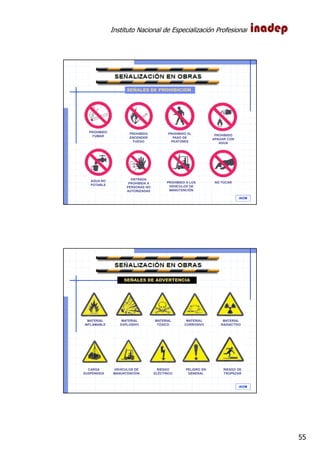 Instituto Nacional de Especialización Profesional
55
IAOM
PROHIBIDO
FUMAR
PROHIBIDO
ENCENDER
FUEGO
PROHIBIDO EL
PASO DE
PEATONES
PROHIBIDO
APAGAR CON
AGUA
AGUA NO
POTABLE
ENTRADA
PROHIBIDA A
PERSONAS NO
AUTORIZADAS
PROHIBIDO A LOS
VEHÍCULOS DE
MANUTENCIÓN
NO TOCAR
SEÑALES DE PROHIBICIÓN
IAOM
MATERIAL
INFLAMABLE
MATERIAL
EXPLOSIVO
MATERIAL
TÓXICO
MATERIAL
CORROSIVO
CARGA
SUSPENDIDA
VEHÍCULOS DE
MANUNTENCIÓN
RIESGO
ELÉCTRICO
PELIGRO EN
GENERAL
SEÑALES DE ADVERTENCIA
MATERIAL
RADIACTIVO
RIESGO DE
TROPEZAR
 