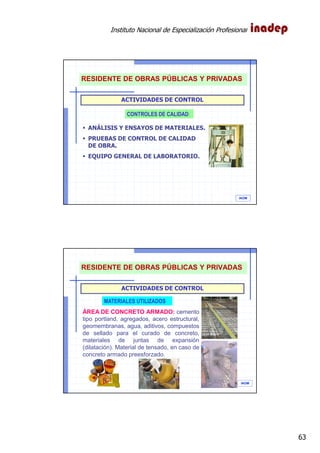 Instituto Nacional de Especialización Profesional
63
IAOM
ACTIVIDADES DE CONTROL
CONTROLES DE CALIDAD:
ANÁLISIS Y ENSAYOS DE MATERIALES.
PRUEBAS DE CONTROL DE CALIDAD
DE OBRA.
EQUIPO GENERAL DE LABORATORIO.
RESIDENTE DE OBRAS PÚBLICAS Y PRIVADAS
IAOM
ACTIVIDADES DE CONTROL
MATERIALES UTILIZADOS
ÁREA DE CONCRETO ARMADO: cemento
tipo portland, agregados, acero estructural,
geomembranas, agua, aditivos, compuestos
de sellado para el curado de concreto,
materiales de juntas de expansión
(dilatación). Material de tensado, en caso de
concreto armado preesforzado.
RESIDENTE DE OBRAS PÚBLICAS Y PRIVADAS
 