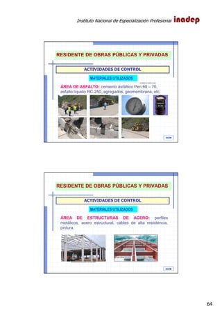Instituto Nacional de Especialización Profesional
64
IAOM
ACTIVIDADES DE CONTROL
MATERIALES UTILIZADOS
ÁREA DE ASFALTO: cemento asfáltico Pen 60 – 70,
asfalto líquido RC-250, agregados, geomembrana, etc.
(CEMENTO ASFÁLTICO)
RESIDENTE DE OBRAS PÚBLICAS Y PRIVADAS
IAOM
ACTIVIDADES DE CONTROL
MATERIALES UTILIZADOS
ÁREA DE ESTRUCTURAS DE ACERO: perfiles
metálicos, acero estructural, cables de alta resistencia,
pintura.
RESIDENTE DE OBRAS PÚBLICAS Y PRIVADAS
 