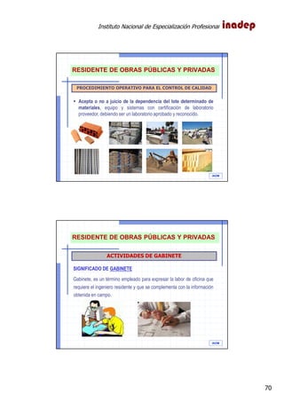 Instituto Nacional de Especialización Profesional
70
IAOM
PROCEDIMIENTO OPERATIVO PARA EL CONTROL DE CALIDAD
Acepta o no a juicio de la dependencia del lote determinado de
materiales, equipo y sistemas con certificación de laboratorio
proveedor, debiendo ser un laboratorio aprobado y reconocido.
RESIDENTE DE OBRAS PÚBLICAS Y PRIVADAS
IAOM
ACTIVIDADES DE GABINETE
SIGNIFICADO DE GABINETE
Gabinete, es un término empleado para expresar la labor de oficina que
requiere el ingeniero residente y que se complementa con la información
obtenida en campo.
RESIDENTE DE OBRAS PÚBLICAS Y PRIVADAS
 