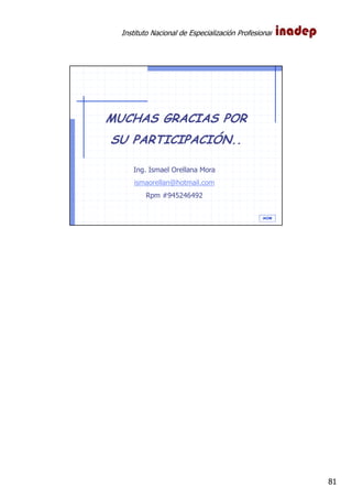 Instituto Nacional de Especialización Profesional
81
IAOM
MUCHAS GRACIAS POR
SU PARTICIPACIÓN..
Ing. Ismael Orellana Mora
ismaorellan@hotmail.com
Rpm #945246492
 