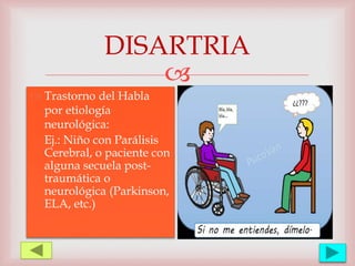
DISARTRIA
 Trastorno del Habla
por etiología
neurológica:
Ej.: Niño con Parálisis
Cerebral, o paciente con
alguna secuela post-
traumática o
neurológica (Parkinson,
ELA, etc.)
 