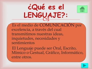 
Es el medio de COMUNICACIÓN por
excelencia, a través del cual
transmitimos nuestras ideas,
inquietudes, necesidades y
sentimientos
El Lenguaje puede ser Oral, Escrito,
Mímico o Gestual, Gráfico, Informático,
entre otros.
¿Qué es el
LENGUAJE?:
 