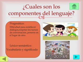 
¿Cuales son los
componentes del lenguaje?
 Pragmático:
 Dificultad para establecer
diálogos,respetar los turnos
de conversación, ponerse en
el lugar de otro.
 Léxico-semántico:
Vocabulario y significado
 