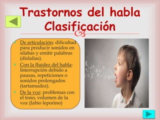 
Trastornos del habla
Clasificación
 De articulación: dificultad
para producir sonidos en
silabas y emitir palabras
(dislalias).
 Con la fluidez del habla:
Interrupción debido a
pausas, repeticiones o
sonidos prolongados
(tartamudez).
 De la voz: problemas con
el tono, volumen de la
voz (labio leporino)
 