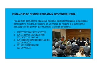 INSTANCIAS DE GESTIÓN EDUCATIVA DESCENTRALIZADA:
• La gestión del Sistema educativo nacional es descentralizada, simplificada,
participativa, flexible. Se ejecuta en un marco de respeto a la autonomía
pedagógica y de gestión que favorezca la acción educativa.
1. INSTITUCION EDUCATIVA
2. LA UNIDAD DE GESTION
EDUCATIVA LOCAL
3. LA DIRECCIÓN REGIONAL DE
EDUCACIÓN
4. EL MINISTERIO DE
EDUCACION
 