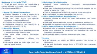 Centro de Capacitación y Perfeccionamiento
MEDICAL LEARNING
Modos de la corriente TENS:
El TENS es muy utilizado en fisioterapia y
manejo del dolor. principales y usos comunes:
Características del TENS
1. Normal (N) – Modo Convencional
Objetivo: bloquear el dolor a través de la
Teoría de la puerta del dolor (Gate Control).
Ideal para: dolor agudo (por ejemplo:
esguinces, dolor postoperatorio).
El impulso es constante y continuo.
Configurable: frecuencia (alta: 80-120 Hz) y
ancho de pulso (100-150 μs).
2. Burst (B) – Ráfagas
Objetivo: estimular fibras nerviosas profundas
y generar liberación de endorfinas.
Ideal para: dolor crónico (lumbalgias,
artrosis).
Impulsos en "paquetes" o ráfagas, con
pausas.
Frecuencia suele ser más baja (2-10 Hz),
pero se puede ajustar.
Centro de Capacitación en Salud - MEDICAL LEARNING
3. Modulation (M) – Modulación
Objetivo: evitar habituación cambiando automáticamente
parámetros.
Ideal para: tratamientos prolongados o cuando el paciente "ya no
siente" el efecto del TENS.
Varía la frecuencia y/o el ancho de pulso de forma automática.
Se puede elegir un rango base y el equipo modula.
4. SD1 – Strength-Duration Modulation tipo 1
Objetivo: cambia el ancho de pulso cíclicamente para evitar
adaptación.
Ideal para: alternar estímulos sin que el paciente se acostumbre.
Mantiene frecuencia constante, pero el ancho de pulso cambia solo.
5. SD2 – Strength-Duration Modulation tipo 2
Objetivo: varía la intensidad de salida (en mA) automáticamente.
Ideal para: mantener la percepción sin necesidad de subir la
intensidad manualmente.
Frecuencia y pulso constantes, intensidad sube y baja.
Tip extra:
Si el paciente es nuevo en TENS, empezá con Normal o
Modulation.
Si ya está habituado, probá Burst o SD1/SD2 para mantener
efectividad.
 