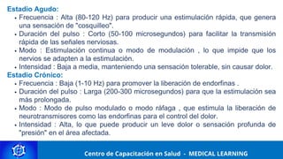 Centro de Capacitación y Perfeccionamiento
MEDICAL LEARNING
Estadio Agudo:
Frecuencia : Alta (80-120 Hz) para producir una estimulación rápida, que genera
una sensación de "cosquilleo".
Duración del pulso : Corto (50-100 microsegundos) para facilitar la transmisión
rápida de las señales nerviosas.
Modo : Estimulación continua o modo de modulación , lo que impide que los
nervios se adapten a la estimulación.
Intensidad : Baja a media, manteniendo una sensación tolerable, sin causar dolor.
Estadio Crónico:
Frecuencia : Baja (1-10 Hz) para promover la liberación de endorfinas .
Duración del pulso : Larga (200-300 microsegundos) para que la estimulación sea
más prolongada.
Modo : Modo de pulso modulado o modo ráfaga , que estimula la liberación de
neurotransmisores como las endorfinas para el control del dolor.
Intensidad : Alta, lo que puede producir un leve dolor o sensación profunda de
"presión" en el área afectada.
Centro de Capacitación en Salud - MEDICAL LEARNING
 