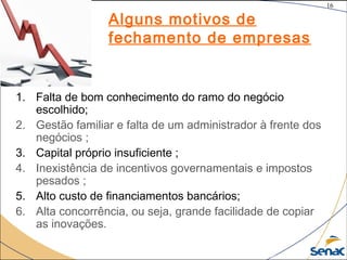 16
©The McGraw-Hill Companies, Inc., 2004
1. Falta de bom conhecimento do ramo do negócio
escolhido;
2. Gestão familiar e falta de um administrador à frente dos
negócios ;
3. Capital próprio insuficiente ;
4. Inexistência de incentivos governamentais e impostos
pesados ;
5. Alto custo de financiamentos bancários;
6. Alta concorrência, ou seja, grande facilidade de copiar
as inovações.
Alguns motivos de
fechamento de empresas
16
 