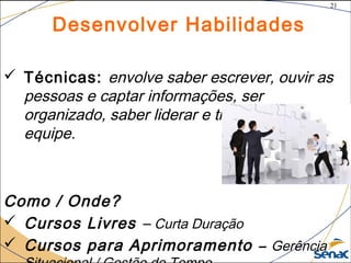 21
©The McGraw-Hill Companies, Inc., 2004
Desenvolver Habilidades
 Técnicas: envolve saber escrever, ouvir as
pessoas e captar informações, ser
organizado, saber liderar e trabalhar em
equipe.
Como / Onde?
 Cursos Livres – Curta Duração
 Cursos para Aprimoramento – Gerência
 
