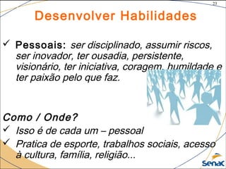 23
©The McGraw-Hill Companies, Inc., 2004
Desenvolver Habilidades
 Pessoais: ser disciplinado, assumir riscos,
ser inovador, ter ousadia, persistente,
visionário, ter iniciativa, coragem, humildade e
ter paixão pelo que faz.
Como / Onde?
 Isso é de cada um – pessoal
 Pratica de esporte, trabalhos sociais, acesso
à cultura, família, religião...
 