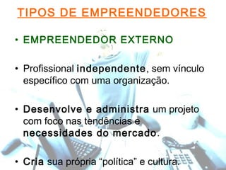 9
©The McGraw-Hill Companies, Inc., 2004
• EMPREENDEDOR EXTERNO
• Profissional independente, sem vínculo
específico com uma organização.
• Desenvolve e administra um projeto
com foco nas tendências e
necessidades do mercado.
• Cria sua própria “política” e cultura.
TIPOS DE EMPREENDEDORES
9
 