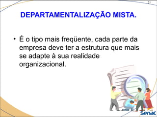 21
©The McGraw-Hill Companies, Inc., 2004
DEPARTAMENTALIZAÇÃO MISTA.
• É o tipo mais freqüente, cada parte da
empresa deve ter a estrutura que mais
se adapte à sua realidade
organizacional.
 