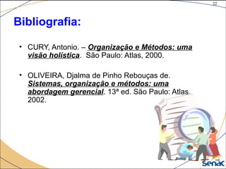 22
©The McGraw-Hill Companies, Inc., 2004
Bibliografia:
• CURY, Antonio. – Organização e Métodos: uma
visão holística. São Paulo: Atlas, 2000.
• OLIVEIRA, Djalma de Pinho Rebouças de.
Sistemas, organização e métodos: uma
abordagem gerencial. 13ª ed. São Paulo: Atlas,
2002.
 