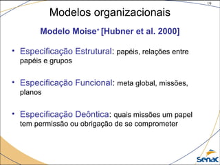 19
©The McGraw-Hill Companies, Inc., 2004
Modelos organizacionais
Modelo Moise+
[Hubner et al. 2000]
• Especificação Estrutural: papéis, relações entre
papéis e grupos
• Especificação Funcional: meta global, missões,
planos
• Especificação Deôntica: quais missões um papel
tem permissão ou obrigação de se comprometer
 
