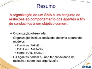 24
©The McGraw-Hill Companies, Inc., 2004
Resumo
A organização de um SMA é um conjunto de
restrições ao comportamento dos agentes a fim
de conduzi-los a um objetivo comum.
– Organização observada
– Organização institucionalizada, descrita a partir de
modelos
• Funcionais: TAEMS
• Estruturais: AALAADIN
• Mistos: TOVE, MOISE+
– Os agentes podem ou não ter capacidade de
raciocinar sobre sua organização
 