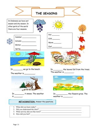 Page 31
METACOGNITION: Answer the questions.
THE SEASONS
1. What did you learn today? ________________________________________________
2. Did you understand the class? _____________________________________________
3. What activity did you like more? ___________________________________________
4. How did you feel? ______________________________________________________
Summer _____________
Autumn _____________
Winter ______________
Spring _______________
Hot _______
Cold _______
Warm _______
Cool _________
In Indonesia we have wet
season and dry season. In
other parts of the world
there are four seasons.
In ________ we go to the beach.
The weather is _________.
In ________ the leaves fall from the trees.
The weather is ________.
In ________ it snows. The weather
is _______.
In __________ the flowers grow. The
weather is ________.
 