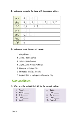 Page 38
C. Listen and complete the table with the missing letters.
D. Listen and circle the correct names.
1. Abigail Lee / Li
2. Jaime / Jamie Garcia
3. Sylvia /Silvia Graham
4. Jayne /Jane Millican / Milligan
5. His name is Philip / Filip
6. My name’s Mikela / Micaela
7. Look at! This is my favorite /favourite film.
Nationalities.
A. What are the nationalities? Write the correct endings
1. Ameri _____
2. Brazil _____
3. Brit _____
4. Chile _____
5. Mexi _____
6. Span _____
7. Chin _____
8. Turk _____
9. Cana _____
10. Austral ____
 