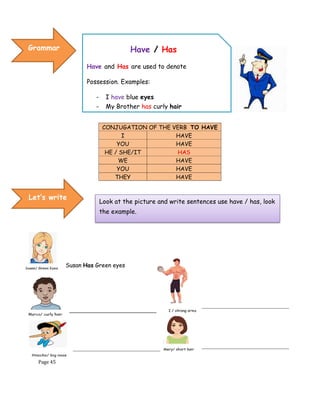 Page 45
CONJUGATION OF THE VERB TO HAVE
I HAVE
YOU HAVE
HE / SHE/IT HAS
WE HAVE
YOU HAVE
THEY HAVE
Susan Has Green eyes
Grammar Have / Has
Have and Has are used to denote
Possession. Examples:
- I have blue eyes
- My Brother has curly hair
Let’s write
Look at the picture and write sentences use have / has, look
the example.
 