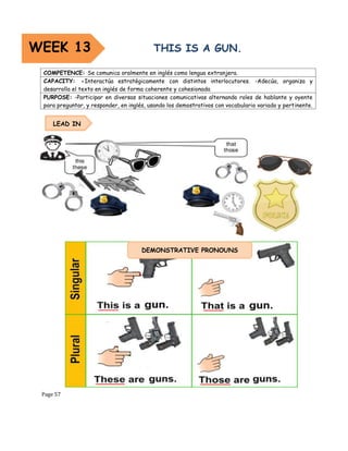 Page 57
COMPETENCE: Se comunica oralmente en inglés como lengua extranjera.
CAPACITY: -Interactúa estratégicamente con distintos interlocutores. -Adecúa, organiza y
desarrolla el texto en inglés de forma coherente y cohesionada
PURPOSE: -Participar en diversas situaciones comunicativas alternando roles de hablante y oyente
para preguntar, y responder, en inglés, usando los demostrativos con vocabulario variado y pertinente.
WEEK 13
LEAD IN
DEMONSTRATIVE PRONOUNS
 