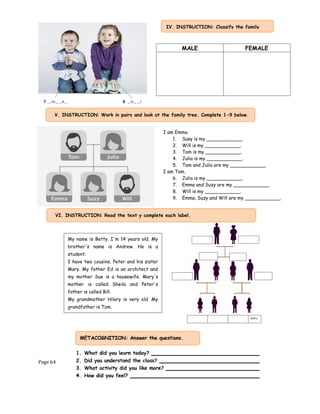 Page 64
MALE FEMALE
I am Emma.
1. Susy is my ____________.
2. Will is my ____________.
3. Tom is my ____________.
4. Julia is my ____________.
5. Tom and Julia are my ____________.
I am Tom.
6. Julia is my ____________.
7. Emma and Suzy are my ____________.
8. Will is my ____________.
9. Emma, Suzy and Will are my ____________.
My name is Betty. I'm 14 years old. My
brother's name is Andrew. He is a
student.
I have two cousins, Peter and his sister
Mary. My father Ed is an architect and
my mother Sue is a housewife. Mary's
mother is called Sheila and Peter's
father is called Bill.
My grandmother Hilary is very old. My
grandfather is Tom.
IV. INSTRUCTION: Classify the family
members.
family tree. Complete 1-9 below.
V. INSTRUCTION: Work in pairs and look at the family tree. Complete 1-9 below.
VI. INSTRUCTION: Read the text y complete each label.
 