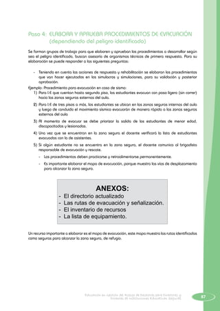 87Educación en Gestión del Riesgo de Desastres para Directores y
Docentes de Instituciones Educativas Seguras
Paso 4:	ELABORA Y APRUEBA PROCEDIMIENTOS DE EVACUACIÓN
	 (dependiendo del peligro identificado)
Se forman grupos de trabajo para que elaboren y aprueban los procedimientos a desarrollar según
sea el peligro identificado, buscan asesoría de organismos técnicos de primera respuesta. Para su
elaboración se puede responder a las siguientes preguntas:
-	 Teniendo en cuenta las acciones de respuesta y rehabilitación se elaboran los procedimientos
que van hacer ejecutados en los simulacros y simulaciones, para su validación y posterior
aprobación.
Ejemplo: Procedimiento para evacuación en caso de sismo:
1)	Para I.E que cuentan hasta segundo piso, los estudiantes evacuan con paso ligero (sin correr)
hacia las zonas seguras externas del aula.
2)	Para I.E de tres pisos a más, los estudiantes se ubican en las zonas seguras internas del aula
y luego de concluido el movimiento sísmico evacuarán de manera rápida a las zonas seguras
externas del aula
3)	Al momento de evacuar se debe priorizar la salida de los estudiantes de menor edad,
discapacitados y lesionados.
4)	Una vez que se encuentran en la zona segura el docente verificará la lista de estudiantes
evacuados con la de asistentes.
5)	Si algún estudiante no se encuentra en la zona segura, el docente comunica al brigadista
responsable de evacuación y rescate.
-	 Los procedimientos deben practicarse y retroalimentarse permanentemente.
-	 Es importante elaborar el mapa de evacuación, porque muestra las vías de desplazamiento
para alcanzar la zona segura.
ANEXOS:
- El directorio actualizado
- Las rutas de evacuación y señalización.
- El inventario de recursos
- La lista de equipamiento.
Un recurso importante a elaborar es el mapa de evacuación, este mapa muestra las rutas identificadas
como seguras para alcanzar la zona segura, de refugio.
 